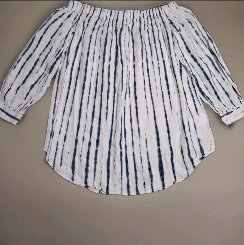 Polo Ralph Lauren Shirt Womens S Blue Dye Striped 100% Linen Off Shoulder Blouse